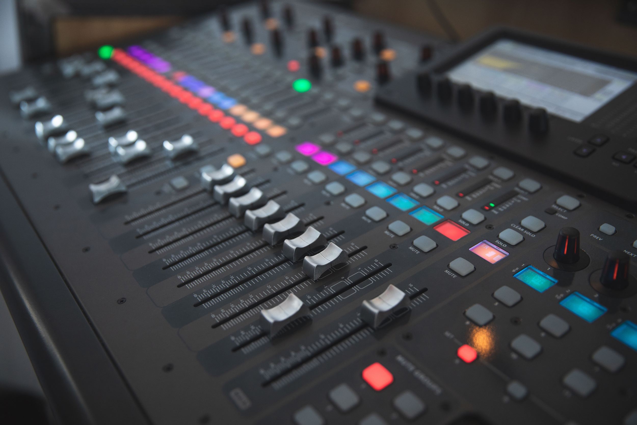 A music production mixing desk