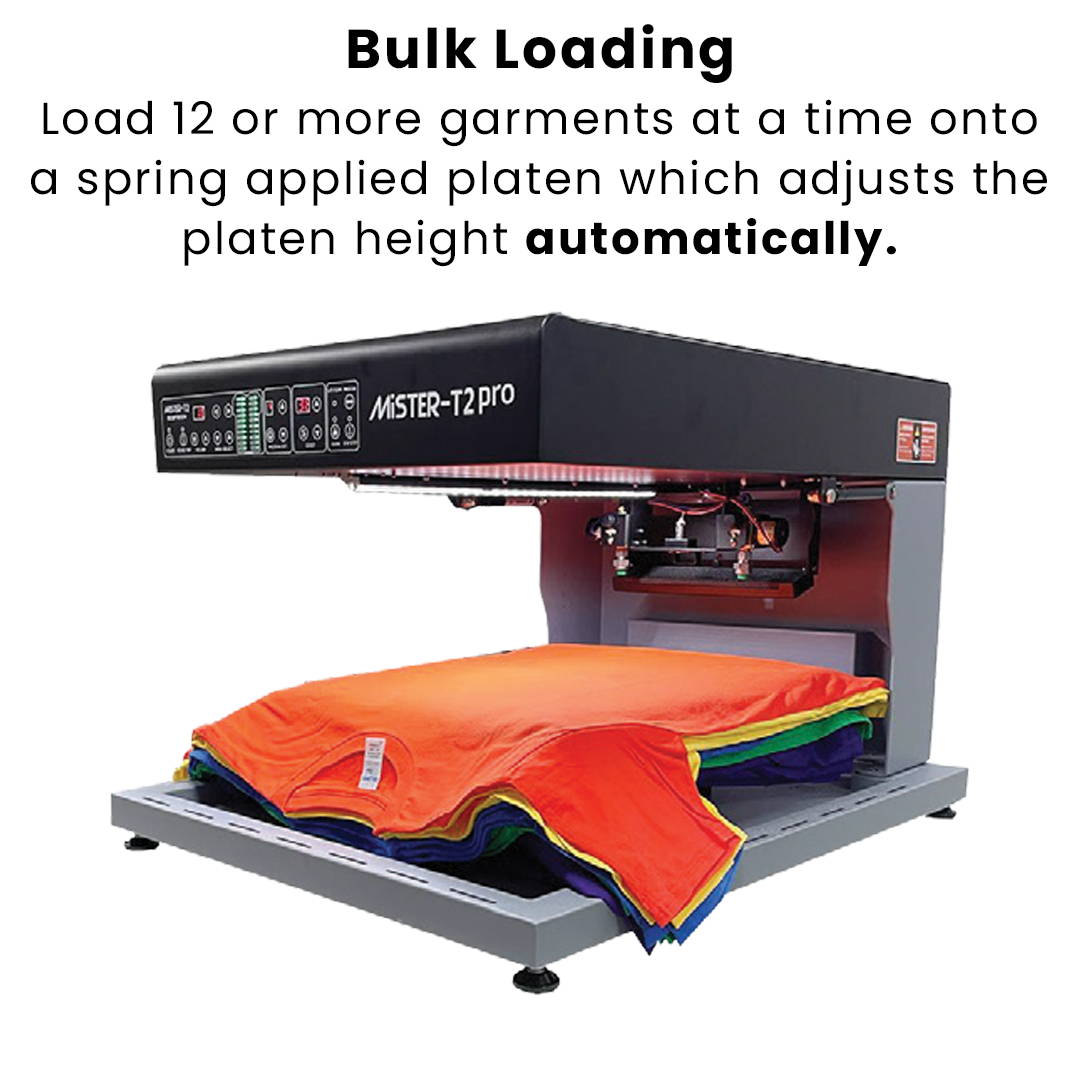 Bulk loading. Load 12 or more garments at a time onto a spring applied platen which adjusts the platen height automatically.