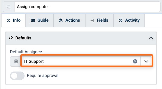 Default Assignee field in the Defaults panel of a Step's Info tab