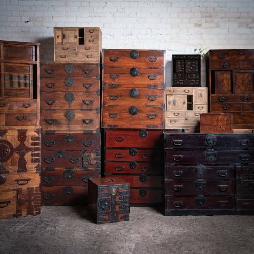 Antique Japanese tansu furniture & a stack of Japanese isho dansu chests