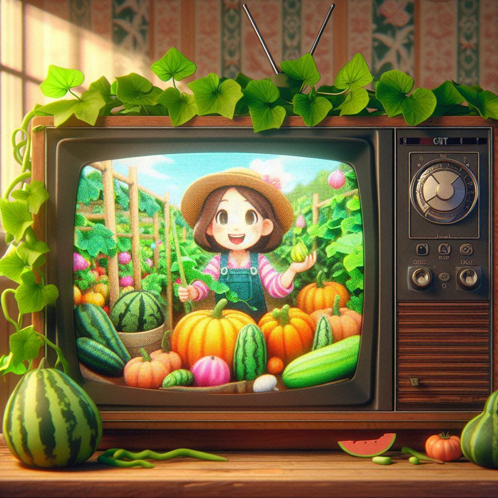 An old tv set with a gardening program on. The host is surrounded by veggies. The TV is covered in watermelon vines.