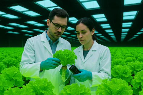 Two scientists in lab coats and teal gloves examine hydroponically grown lettuce using a sensor in a large indoor farm setting.