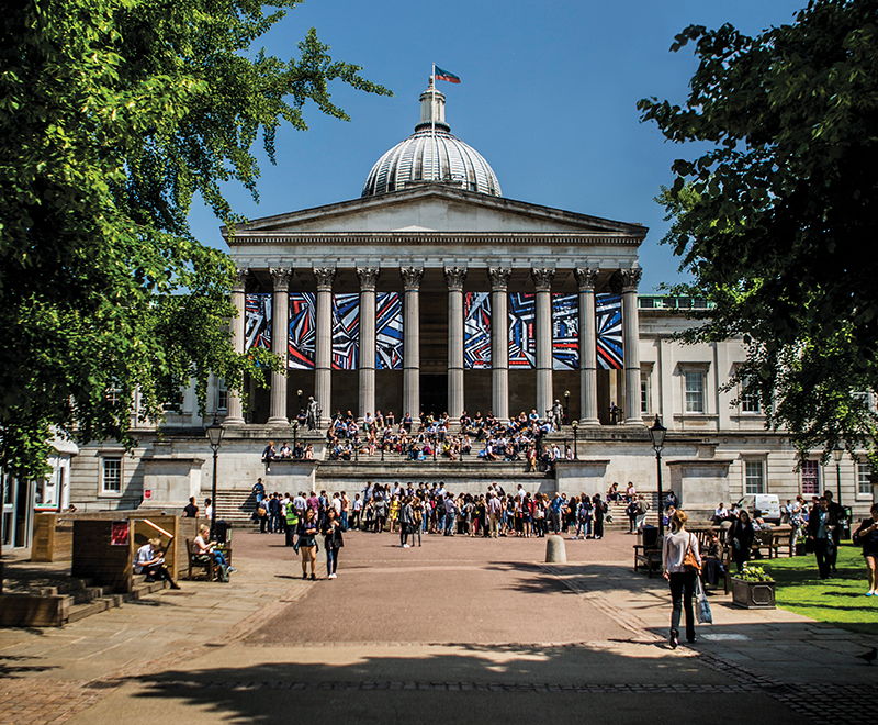 Students gathering on the campus of University College London