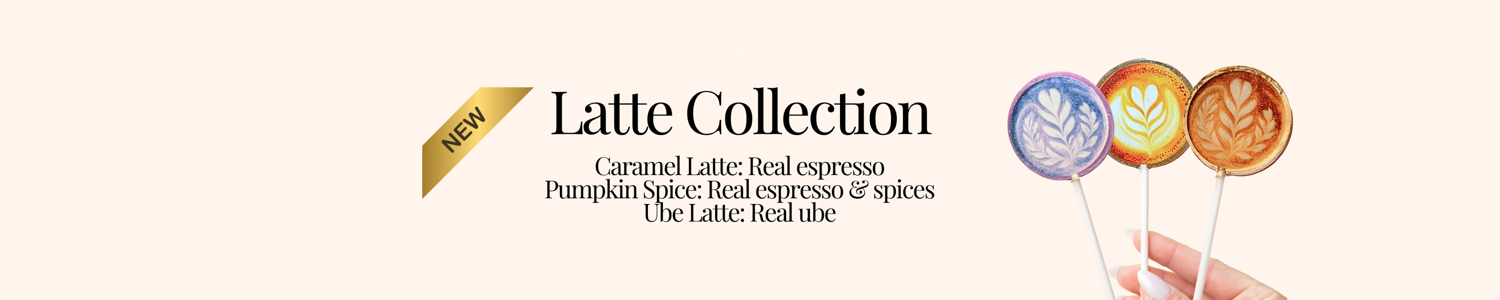 Latte art collection featuring coffee-inspired sparkle lollipops in pumpkin spice, caramel, and ube designs from Sweet Caroline Confections.