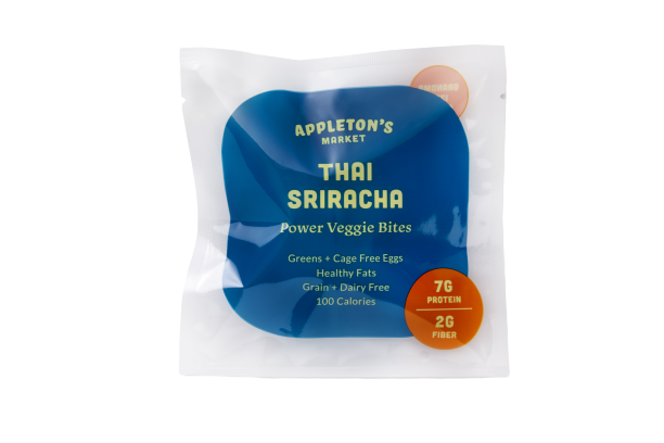 Appleton's Market Thai Sriracha Power Veggie Bite in package - full of cage free eggs, spicy sriracha, broccoli, kale, carrots, chickpea flour, quinoa paleo and keto friendly gluten free grain free dairy free