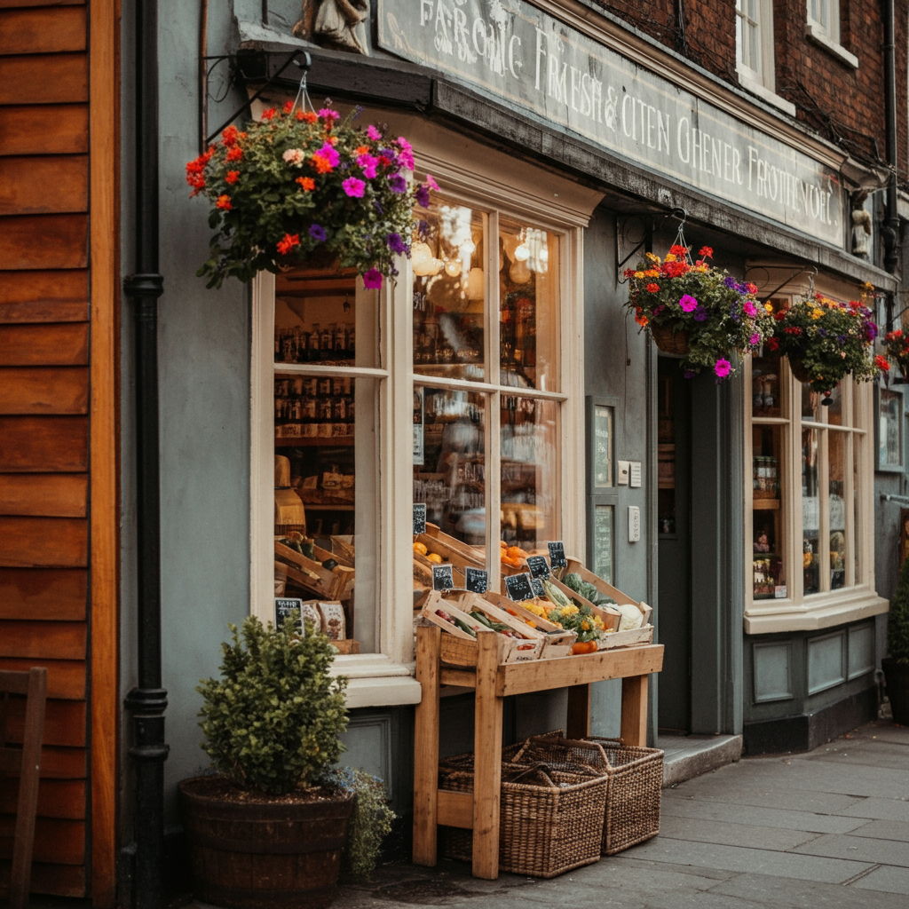 A photographic style image of A charming local grocery store with wooden exterior and hanging flower baskets, featuring displays of fresh produce and local goods in the window. high focus, sharp, lots of bright light, extra bright, highly detailed, high quality, dslr, film grain, fujifilm XT3, RAW photo, RAW candid cinema, color graded porta 400, depth of field, hyper realistic, natural-looking, expressive, textured skin, texture, 8k, photorealistic