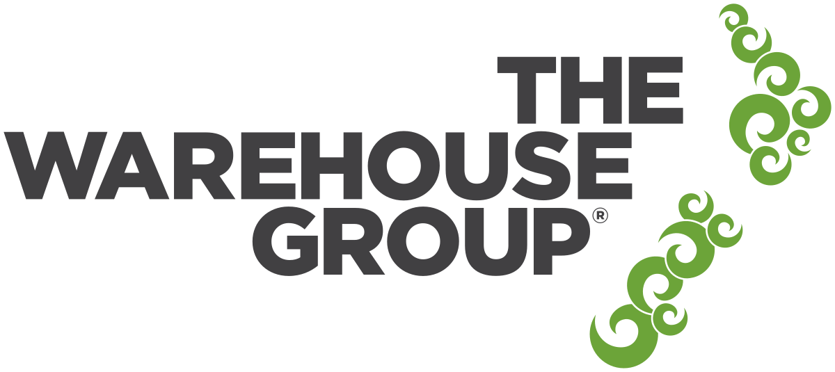 Logo for The Warehouse Group with bold black text and decorative green koru swirl patterns on the right side.