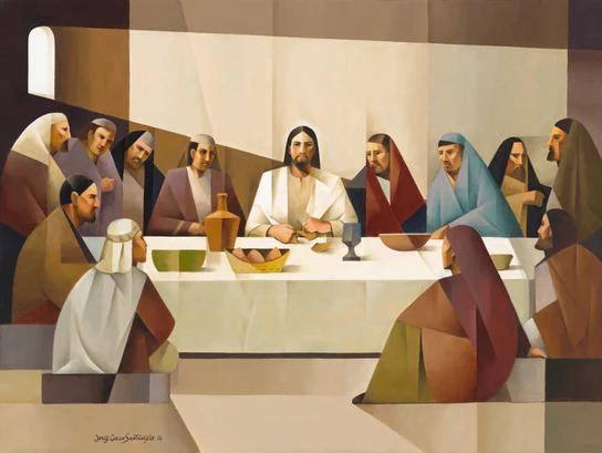 Geoemtric version of Jesus sitting with HIs disciples at the last supper.