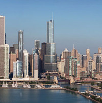 The Trump Tower stands out on the Chicago skyline.