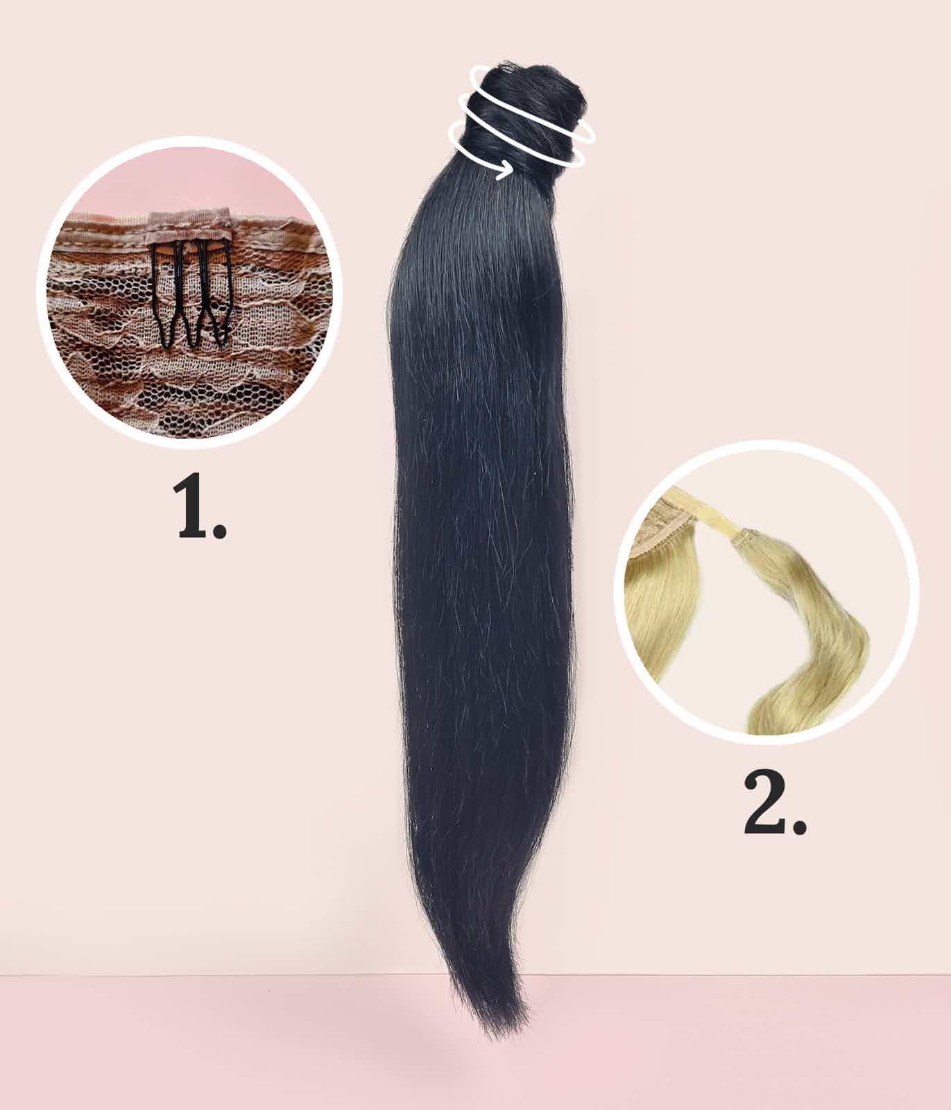 MLY Hairextensions clip in hairextension ponytail. Paardestaart van echt haar met human hair wikkelstrookje.