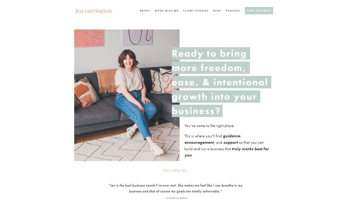 Screenshot of Jen Carrington, from the squarespace coaching websites collection.