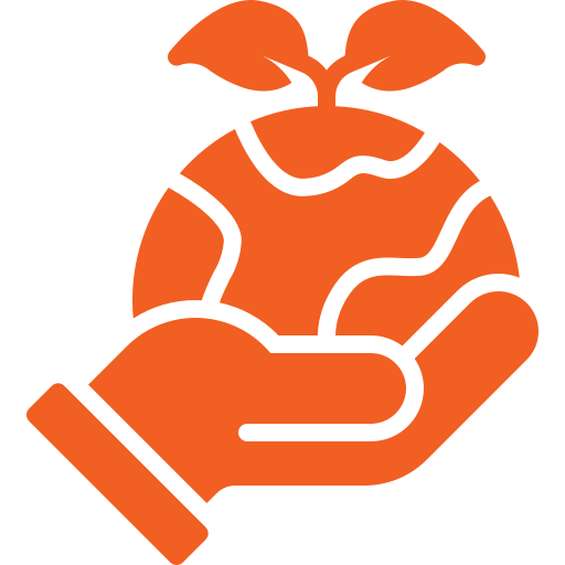 An orange icon of a hand holding a globe with two leaves sprouting from the top, symbolizing environmental care or sustainability.