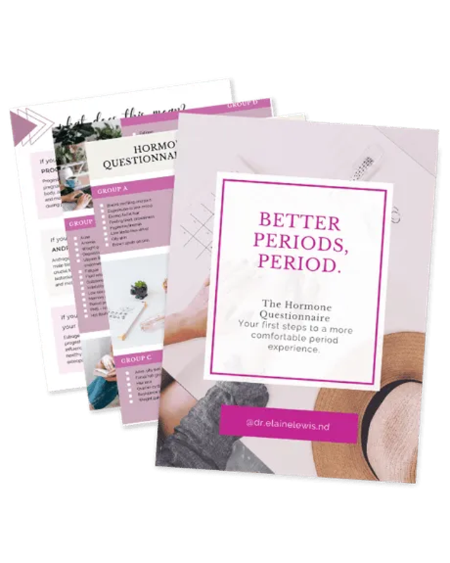 Cover design for “Better Periods, Period.” booklet; pink accents, grid frame, and website at bottom.