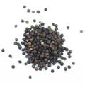 A pile of common black peppercorns on a white background