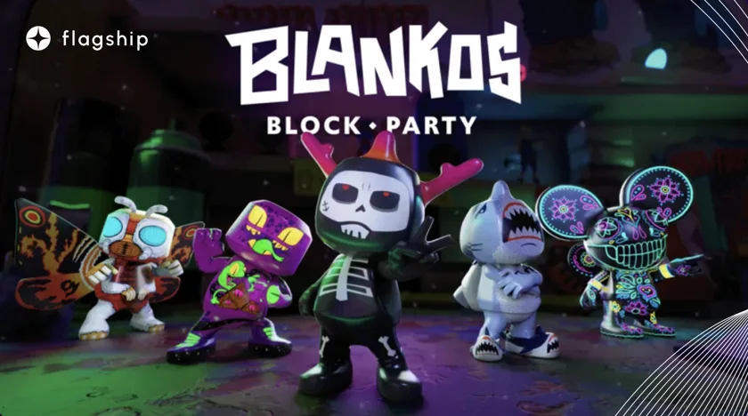 an image of colorful and whimsical Blankos Block Party characters in a blocky, cartoonish style, gathered in a party setting. The characters are unique and highly customizable, with each character possessing distinct features and attributes.
