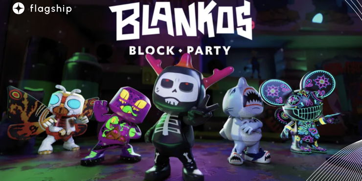 an image of colorful and whimsical Blankos Block Party characters in a blocky, cartoonish style, gathered in a party setting. The characters are unique and highly customizable, with each character possessing distinct features and attributes.