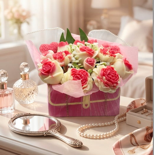 Champagne & Strawberries Soap Flower Handbag Bouquet/Arrangement