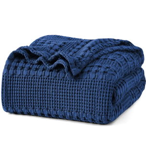 PHF 100% Cotton Waffle Weave Blanket, Lightweight Queen Washed Blanket for Bed Sofa Home Decor, Navy Blue, 90"x90"