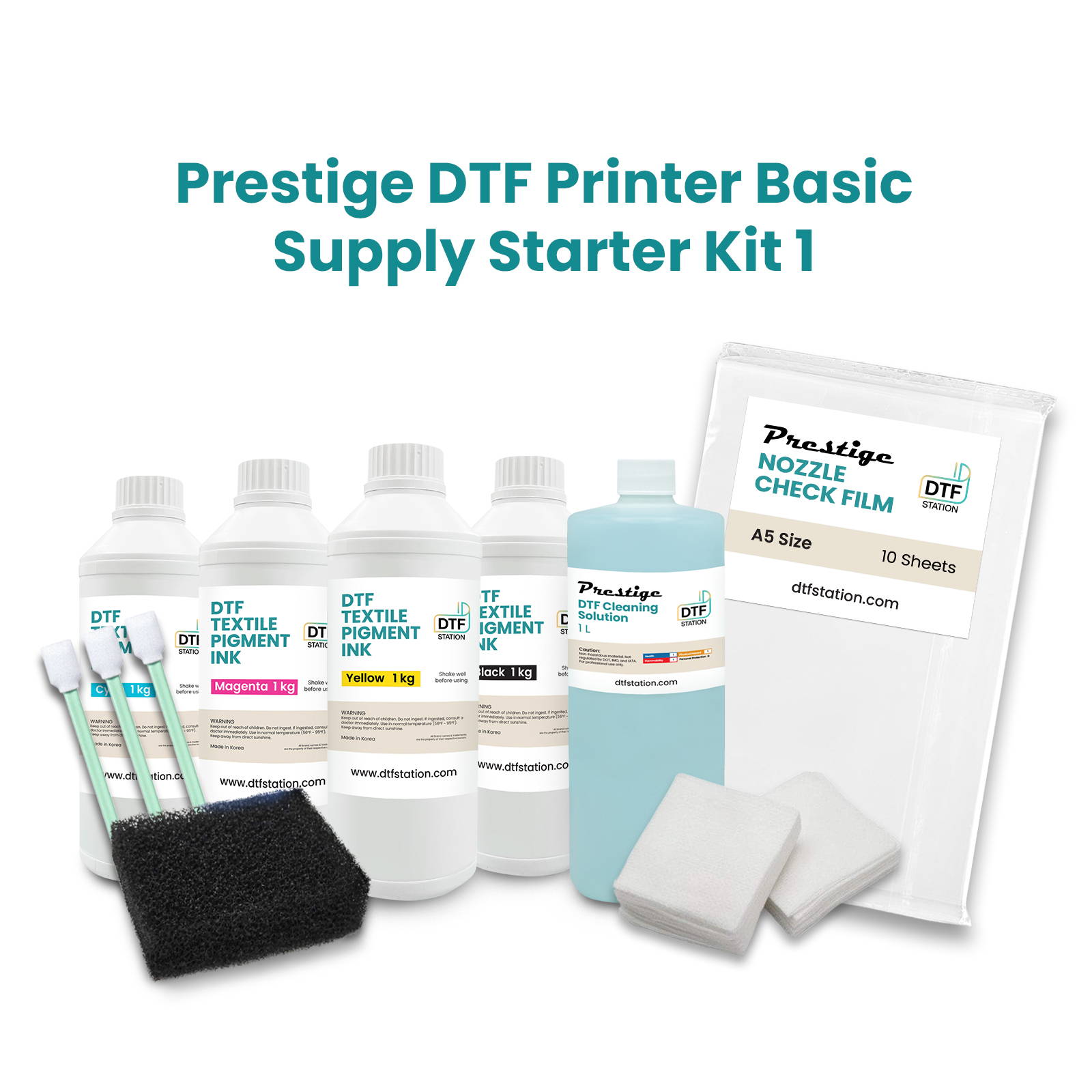 DTF Station Prestige DTF Printer Basic Supply Starter Kit 1 including DTF Ink, Cleaning Solution, Nozzle Check Film, and more! All American Print Supply Co.