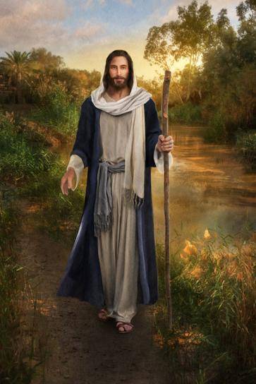 Painting of Jesus walking along a river.