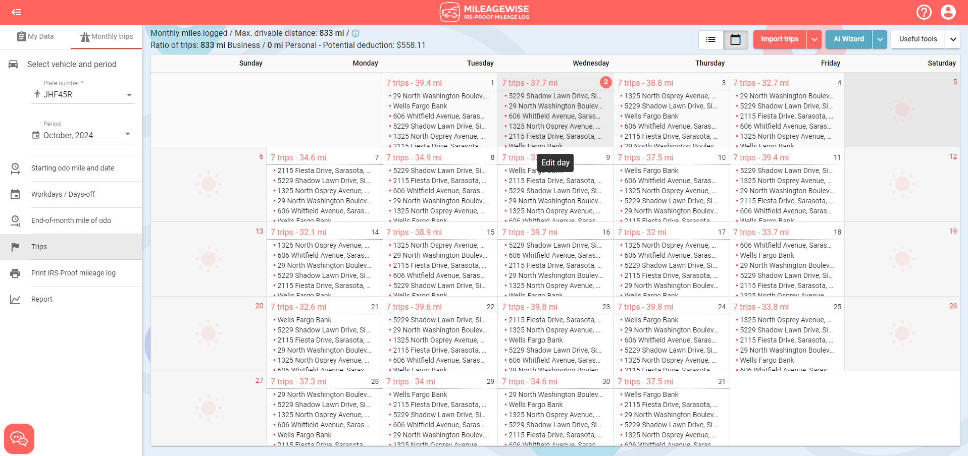 delete trips from mileage log