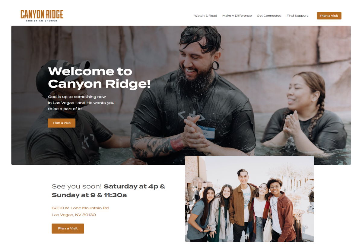 Screenshot of Canyon Ridge Christian Church , from the squarespace church websites collection.