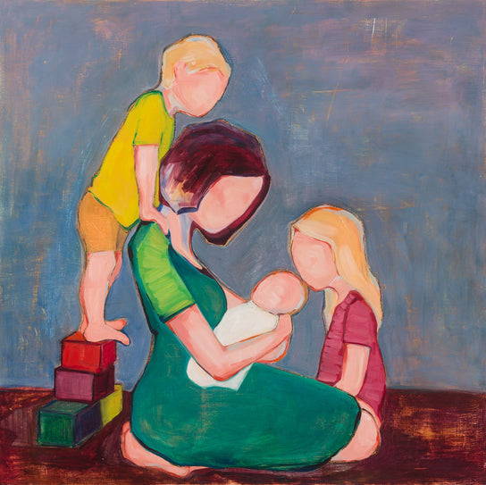A young mother holding her baby. Her two children are gathered near.