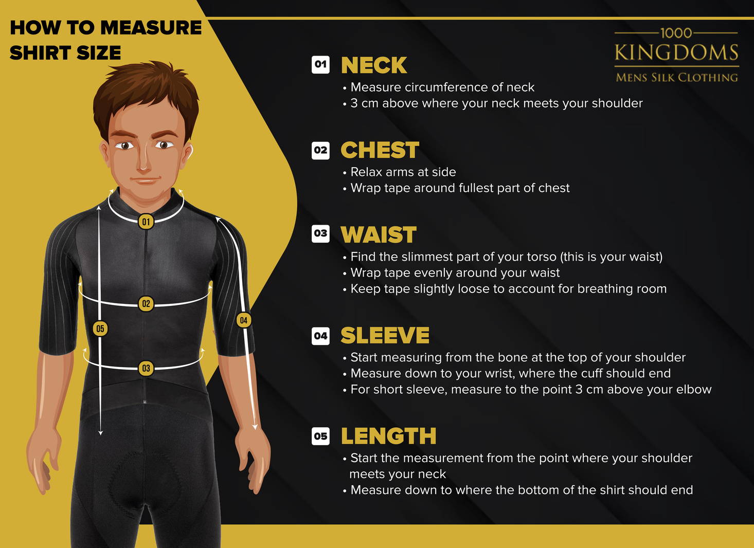 visual and written instructions on how to measure shirt size by using body measurements such as neck chest waist sleeve and length
