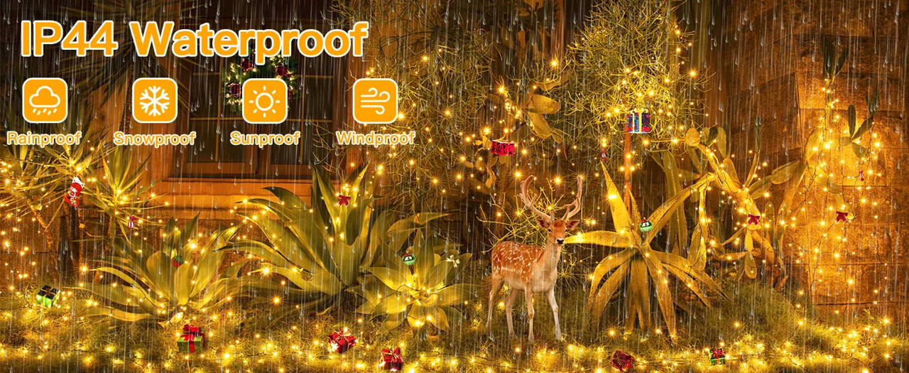 Features of Ollny's 800 leds clear cable cool white string lights - desktop size