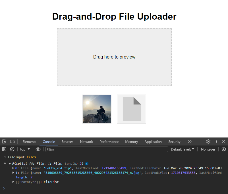 Drag-and-Drop file uploader with unsupported file type preview functionality