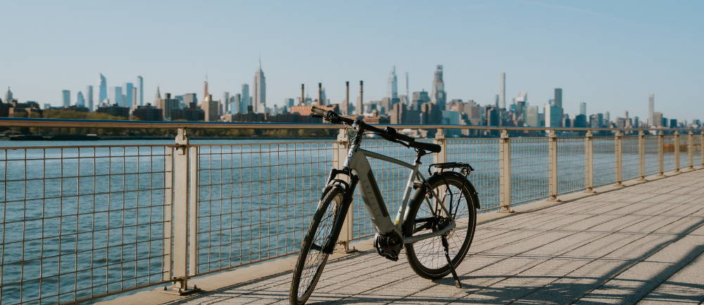 Gazelle electric bike in front of New York City skyline
