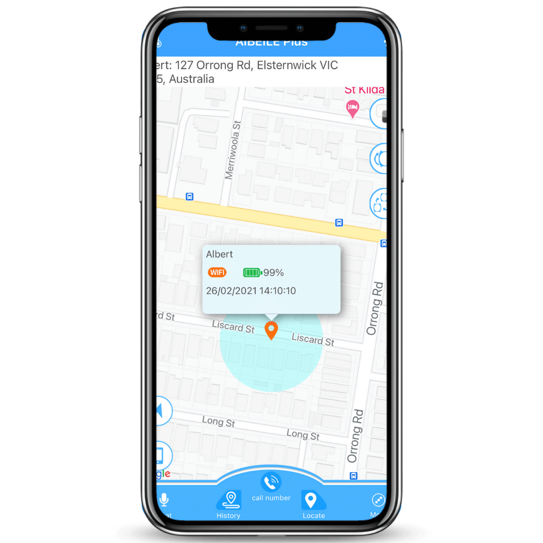 Mobile phone screen displaying the landing page of the MindMe Pro SM tracking and monitoring app, showing the real-time GPS location of the wearer, battery level, and the most recent date and time of the GPS update. The mobile app provides SOS contacts peace of mind by tracking the 4G SOS GPS pendant. Text reads: 'In addition to displaying the GPS location, the mobile application also provides the device's current battery level and the most recent date and time of the GPS update.