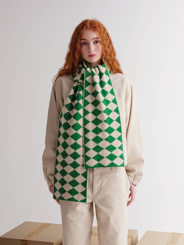 model wears Brushed Diamond Scarf Pagoda & Oatmeal