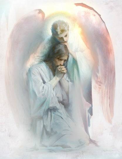 Watercolor painting of an angel comforting Jesus in Gethsemane.