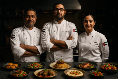 Three chefs wearing white coats with UAE flag patches stand proudly behind a table laden with various traditional Middle Eastern and Arabic food dishes.