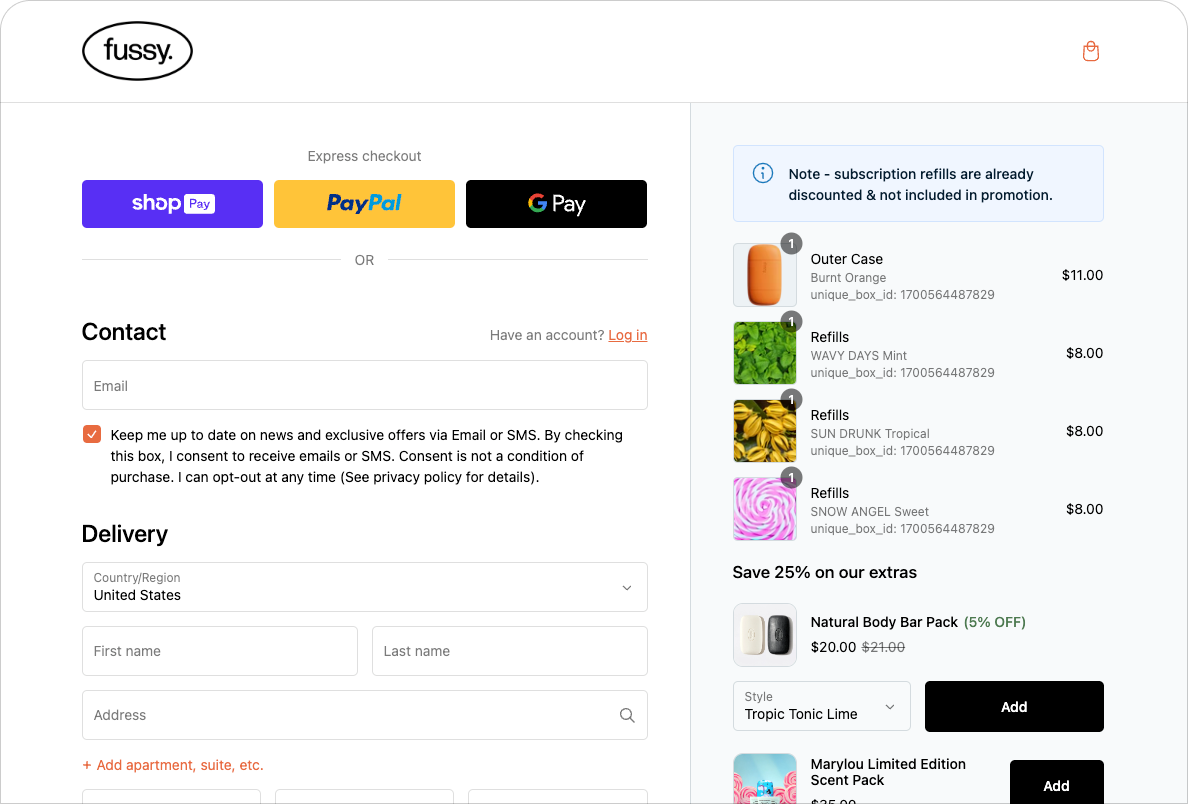 Fussy store with Product Offers at checkout