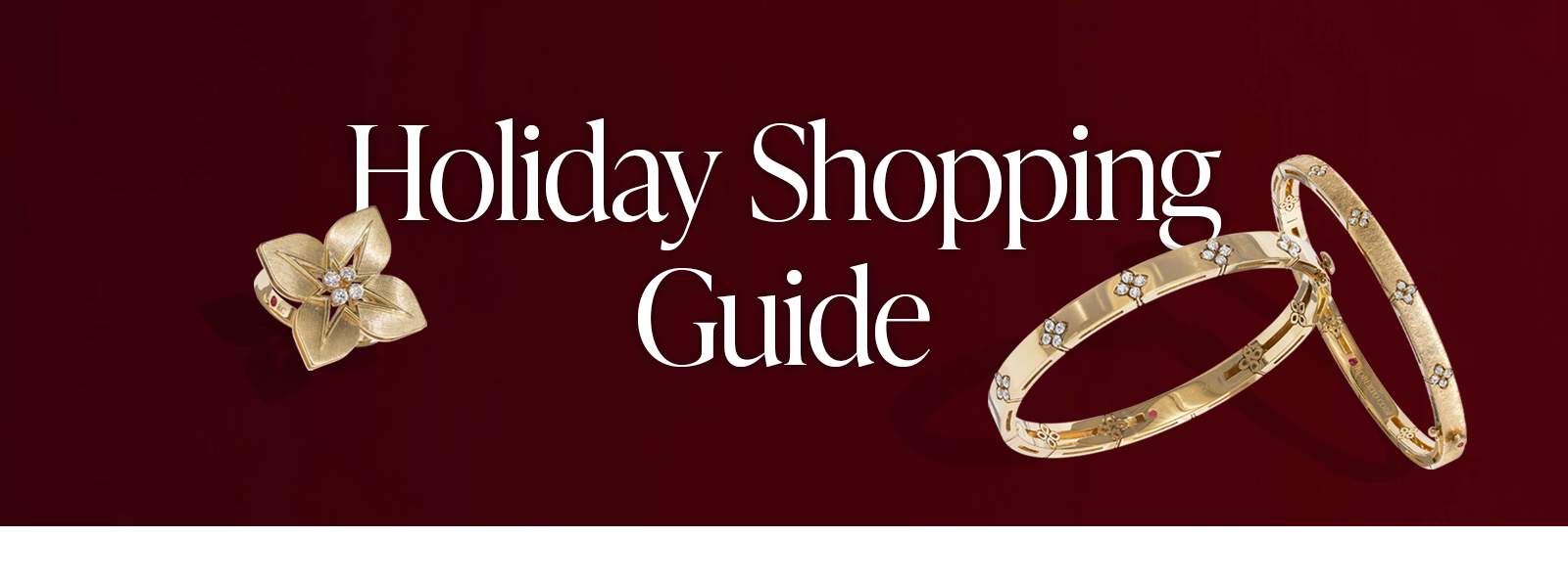 Holiday Shopping banner featuring gold jewelry pieces by Roberto Coin.