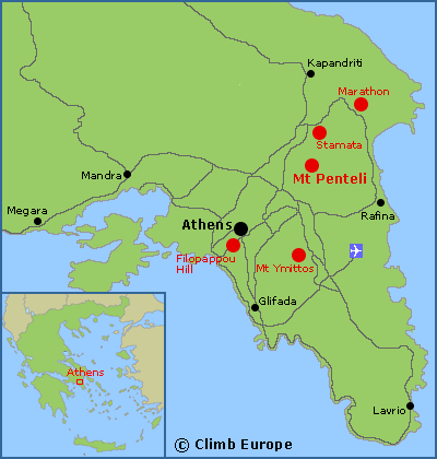 Map of the main bouldering areas around Athens