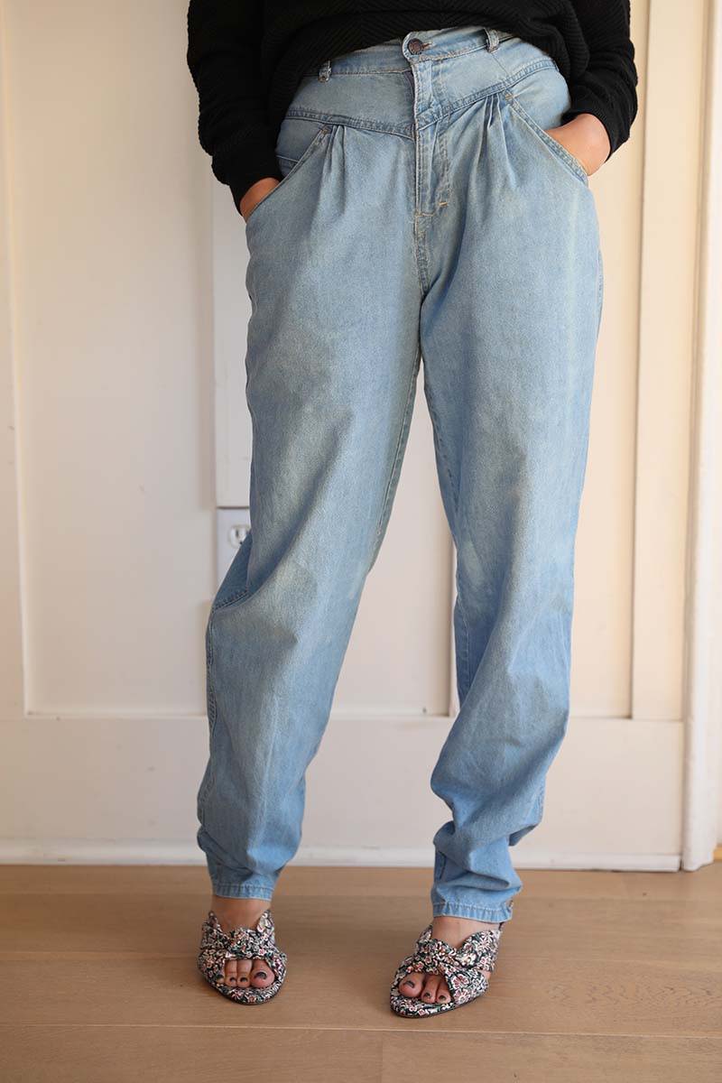 Light blue high waist Calvin Klein Denim Jeans paired with floral heels for Cura Found