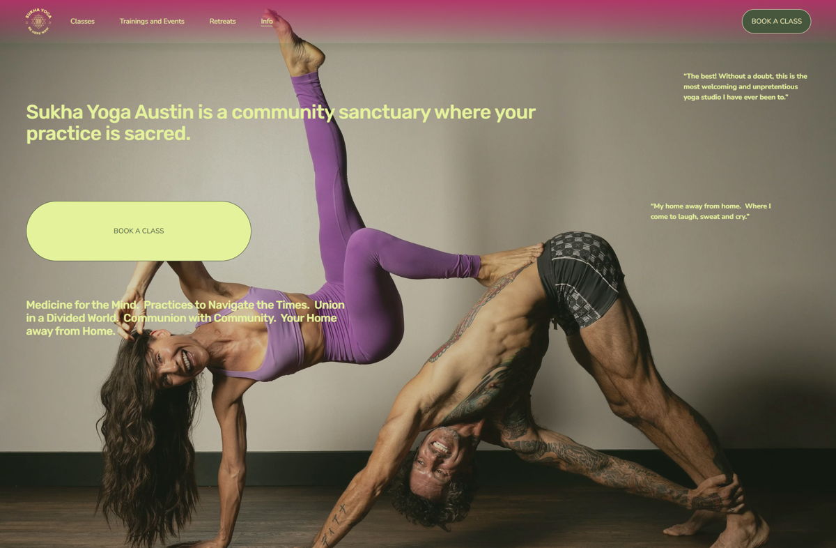 Screenshot of Sukha Yoga Austin, from the squarespace yoga websites collection.