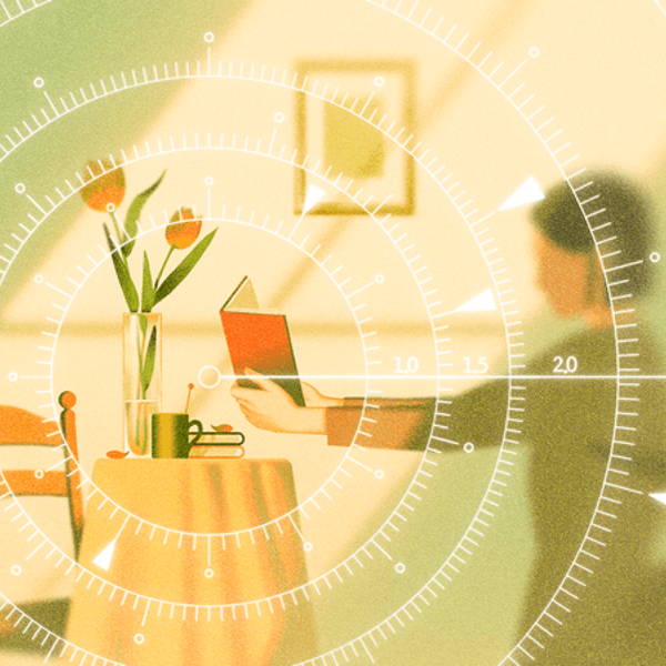 Illustration of a woman holding up a book at a distance, overlaid with concentric circles showing measurement marks.