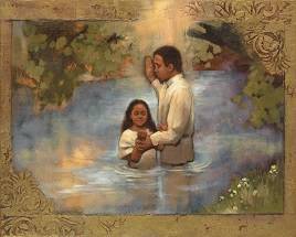 Painting of a man baptizing a young girl in a lake.