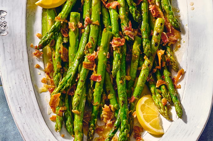 Grilled Asparagus with Sweet and Spicy Pancetta Dressing