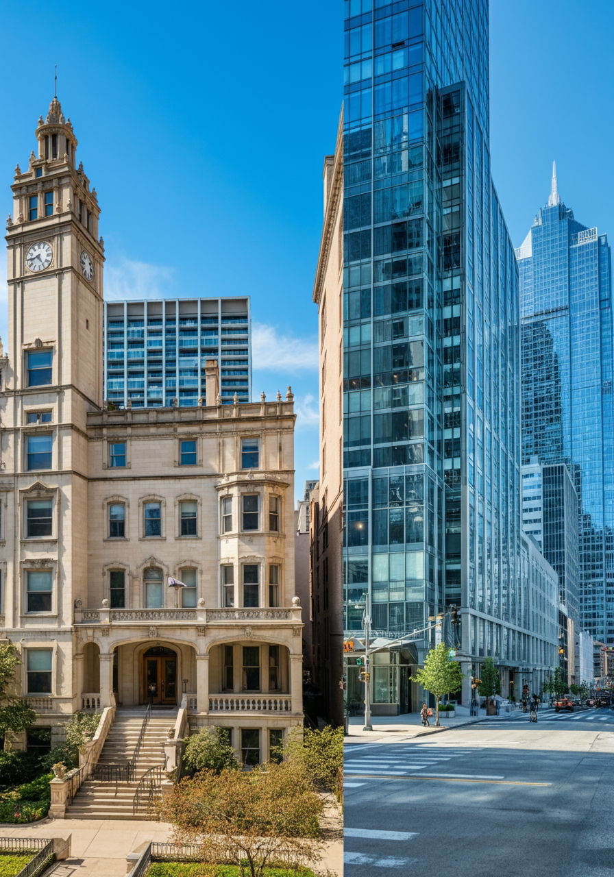 Contrasting architectural styles: a split view showing Gold Coast's historic mansions and ornate facades alongside Streeterville's sleek contemporary towers and glass curtain walls, illustrating the distinctive character of each neighborhood that appeals to different buyer preferences.