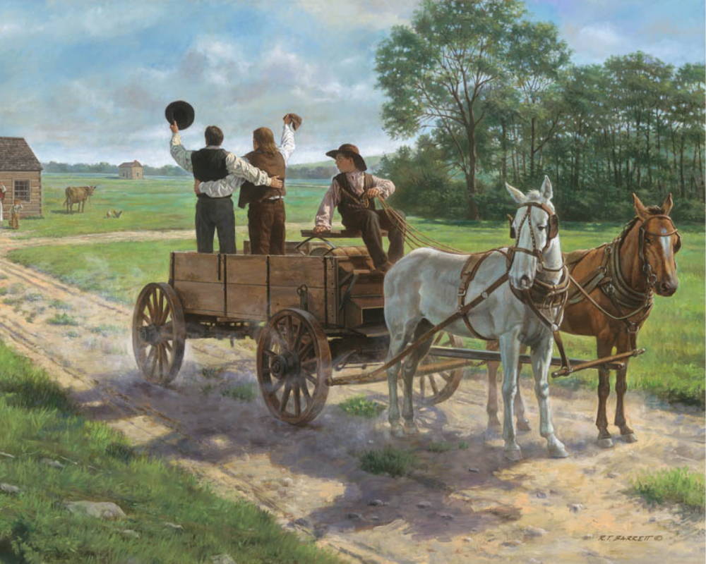 Brigham Young and Heber C. Kimball standing up in the horse cart and waving goodbye to their families.
