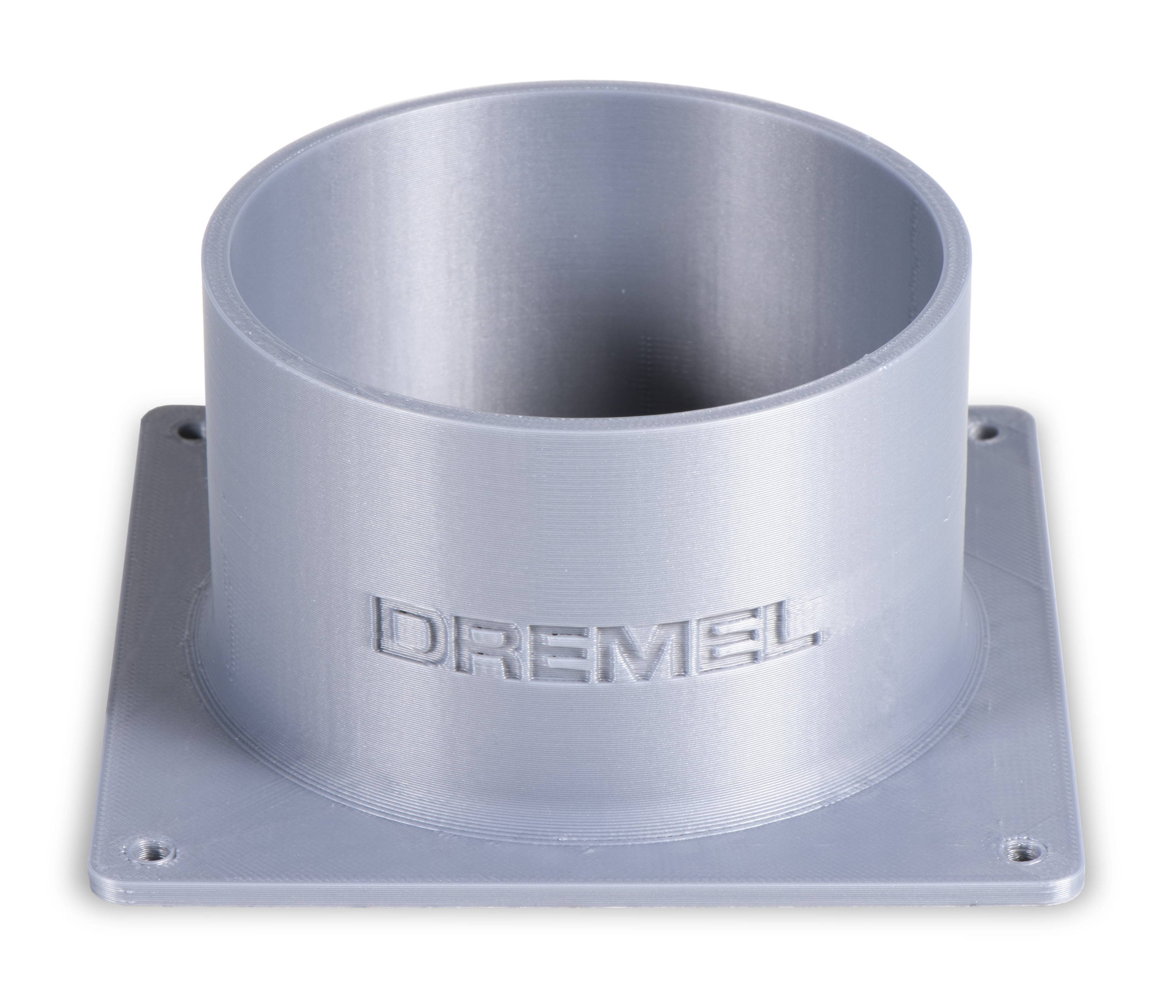 3D printed bracket in silver filament showing Dremel logo, printed on Dremel 3D45 printer