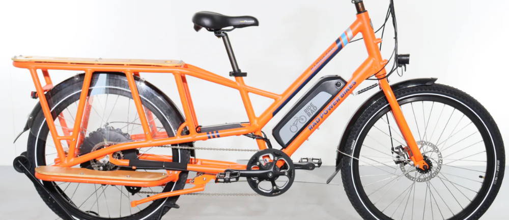 an orange Rad Power Bikes RadWagon electric cargo bike