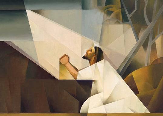 Geometric, cubism painting of Jesus praying in Gethsemane.