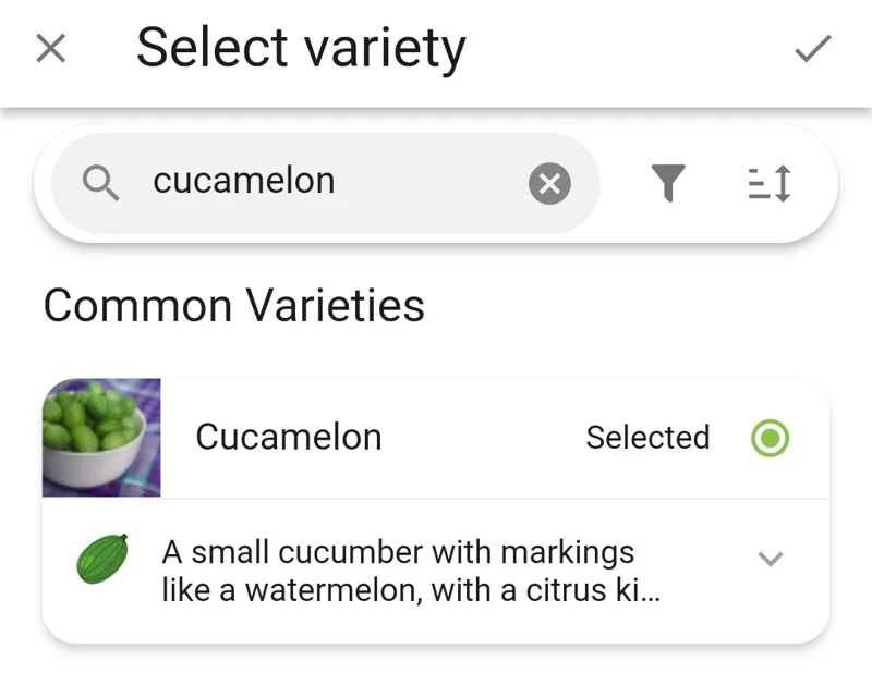 Screenshot of cucamelons as the selected variety