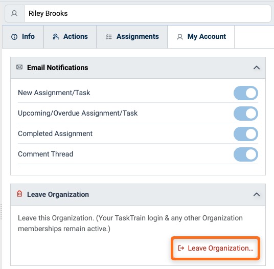Leave Organization panel on the My Account tab